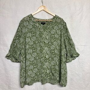 Jones & Co JNY Women’s Top 3x Green Print Smocked Sleeves Cottagecore Boho